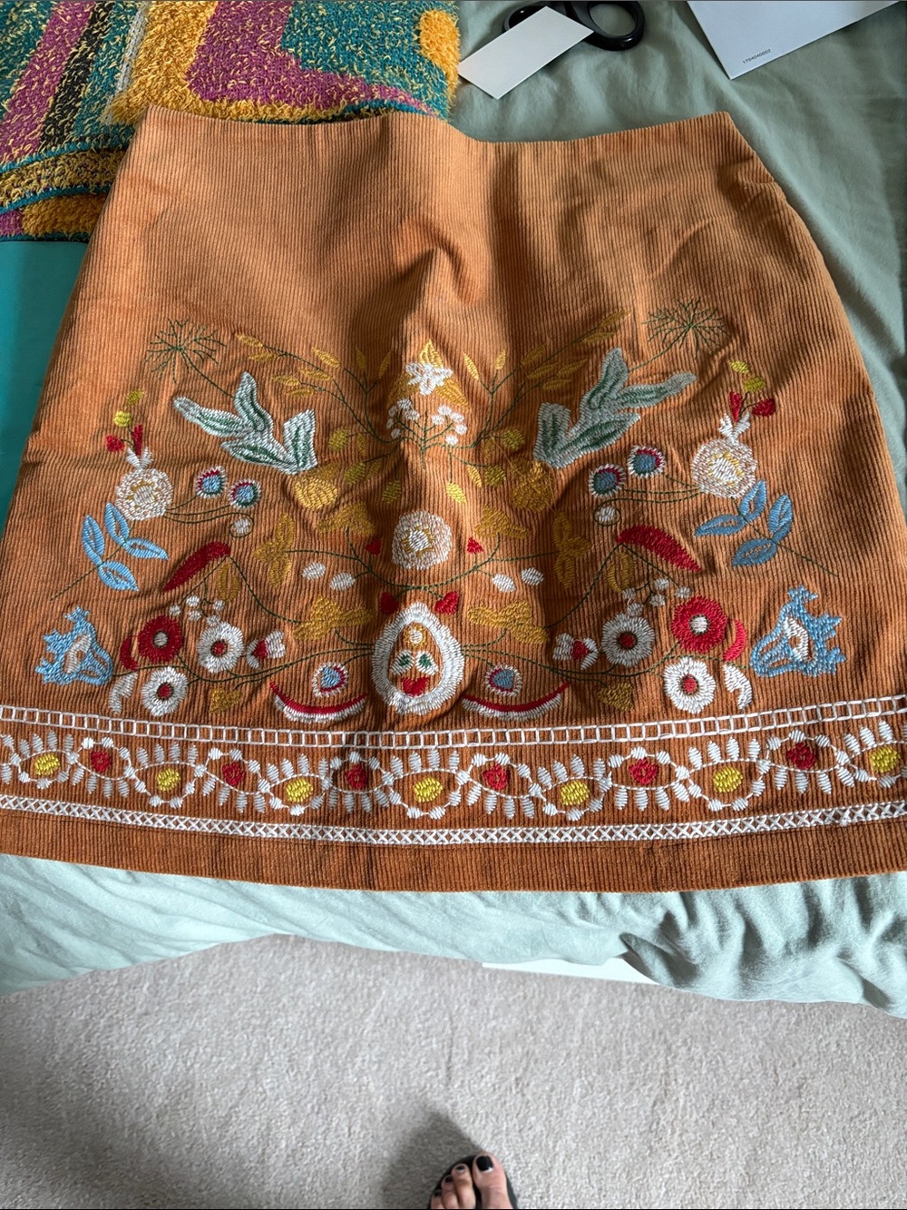 Simplee Apparel Burnt Orange Embroidered Corduroy Mini Skirt
